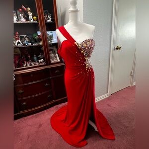 Night Moves One Shoulder Red Dress with Gold Embellishments